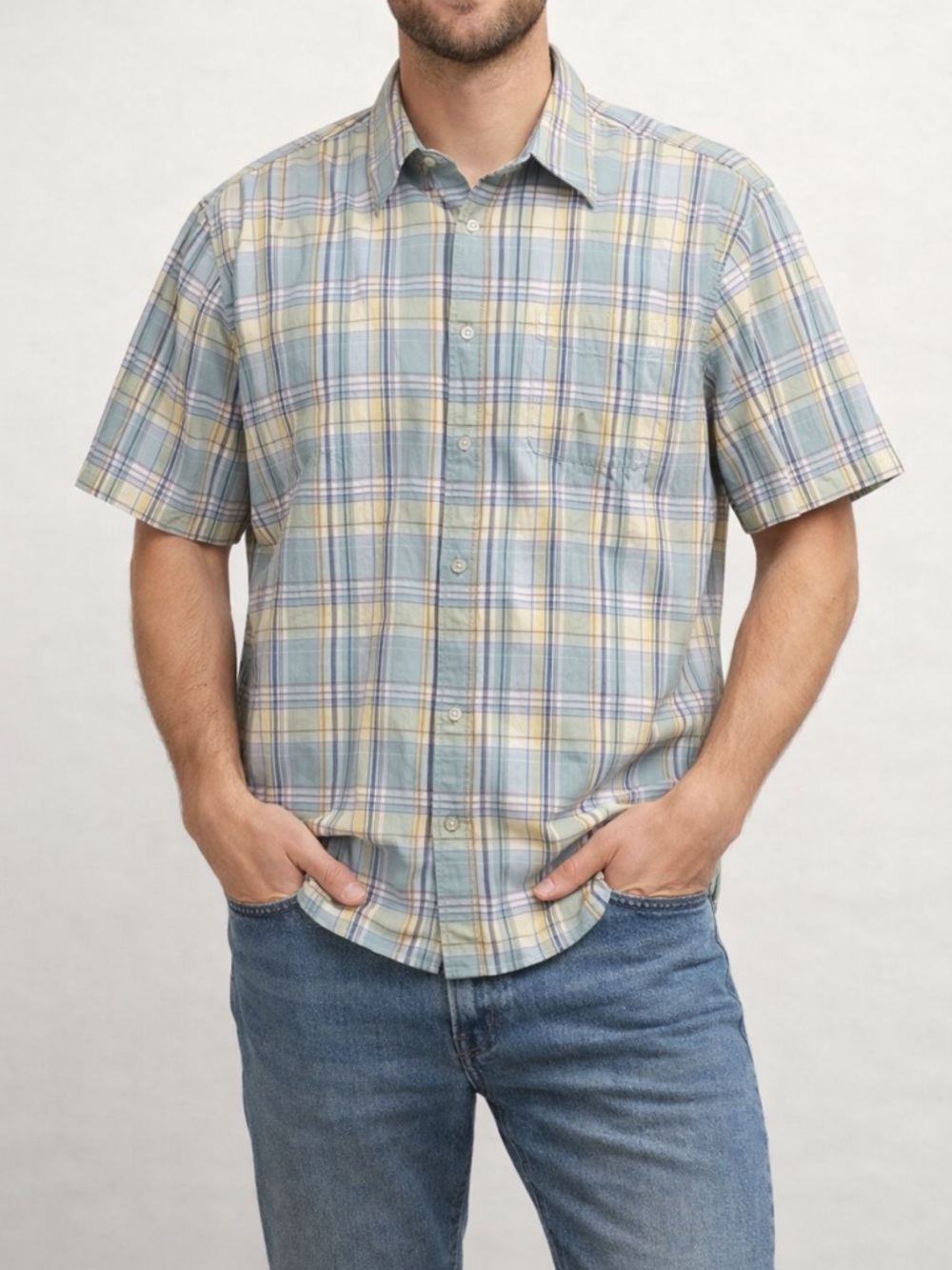 Vintage Old Navy Plaid Button Down Shirt Mens Large Pastel Green Blue 90s Preppy